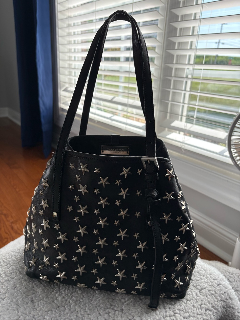 Jimmy Choo Sasha Small Black Leather Star Studded Tote Bag Edgy Rocker Chic
